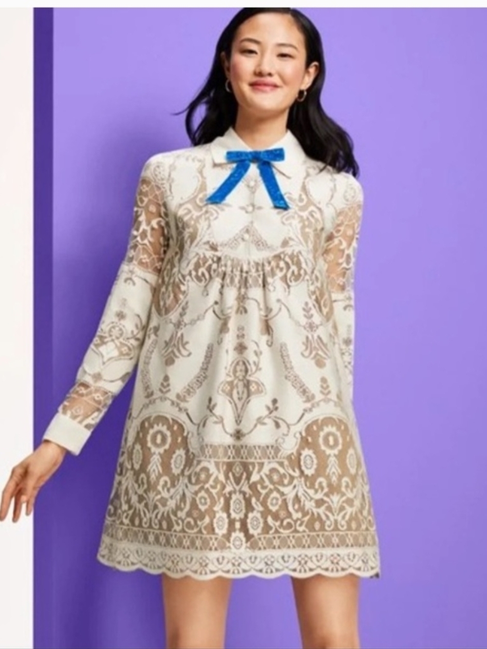 Anna Sui Ivory and Tan Lace A-Line Dress with Blue Bow